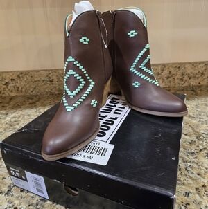 Code West Womens Brown & Teal Leather Western Booties Size 9.5 New In Box